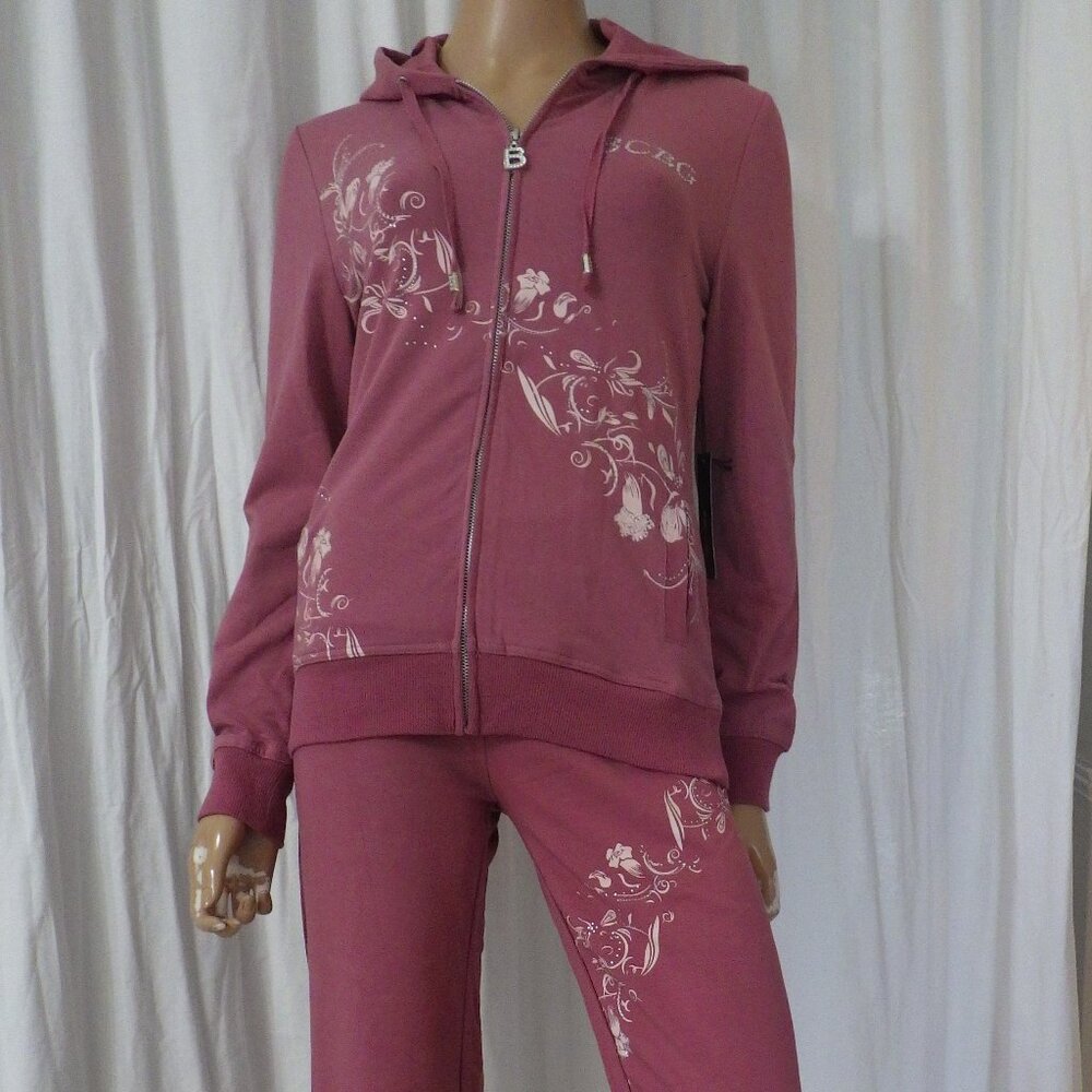 NWT BCBG sz MED LG XL 95% cotton MAUVE PINK HUMMINGBIRD & VINES 2PC TRACKSUIT